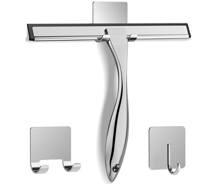 All-Purpose Stainless Steel Shower Squeegee for Shower Glass Door with 2 Adhesive Hooks, Bathroom Cleaner Tool Household Window Mirror Squeegee , Cleaning Tile Wall, Car, 10 Inch Silver