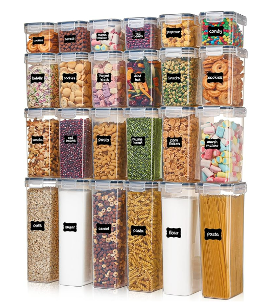 Airtight Food Storage Containers with Lids, Vtopmart 24 pcs Plastic Kitchen and Pantry Organization Canisters for Cereal, Dry Food, Flour and Sugar, BPA Free, Includes 24 Labels，Black