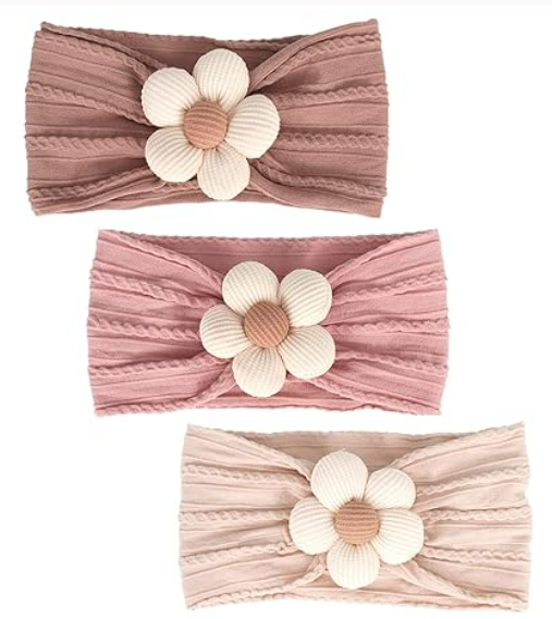 3 Pcs Baby Flower Headbands Baby Girls Nylon Headband Soft Hairbands Hair Accessories for Newborn Infant Toddler Kids (Beige Pink Khaki)