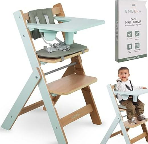 Convertible Baby High Chair for Babies and Toddlers, Organic German Wood, Foot Rest, Cushion, 5 Point Harness, Cotton bib, 90 Degree Position, Wooden Baby Essentials, Hand Made, Easy to Clean