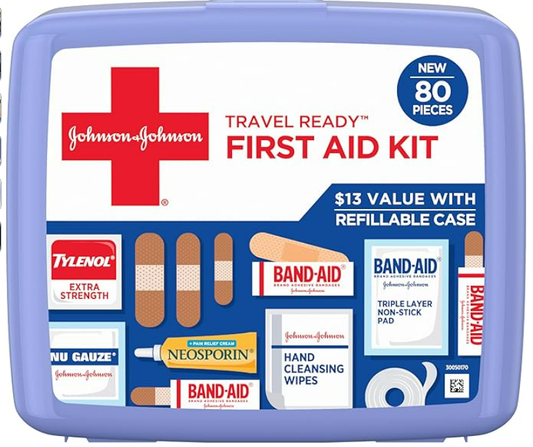 Band-Aid Travel Ready Portable Emergency First Aid Kit for Minor Wound Care with Assorted Adhesive Bandages, Gauze Pads & More, Ideal for Travel, Car & On-The-Go, 80 pc