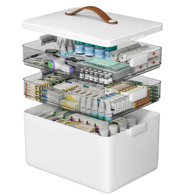 CTIME 3-Tier Medicine Organizer - Portable Medicine Cabinet with Leather Handle, Empty First Aid Kit for Home