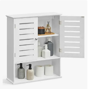 VASAGLE Bathroom Wall Cabinet, Medicine Cabinet, Wall-Mounted Bathroom Storage Cabinet, with Adjustable Shelf, Double Slat Doors and Open Shelf, 7.9 x 23.6 x 27.6 Inches, White UBBK028W01