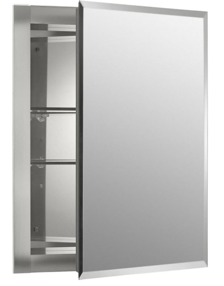 KOHLER CB-CLR1620FS Single Door Beveled Medicine Cabinet with Mirror Door & Adjustable Shelves, Rectangular Beveled Edge Frame, 16" x 20"